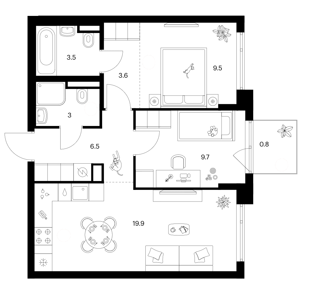 Планировка: 2-комнатная квартира 55,7 м² в ЖК «Зеленый парк»
