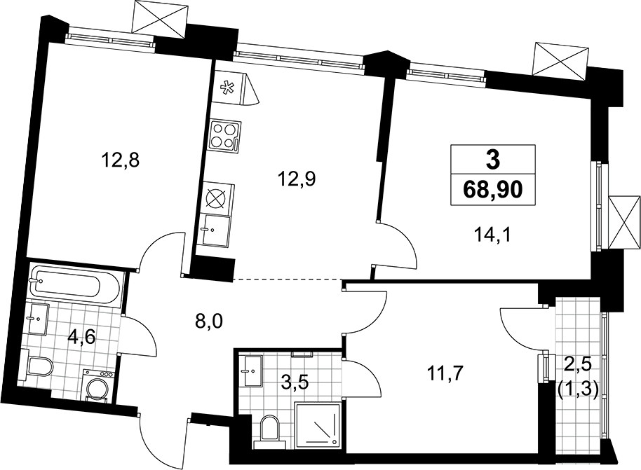 Планировка: 3-комнатная квартира 67,6 м² в ЖК «Деснаречье»