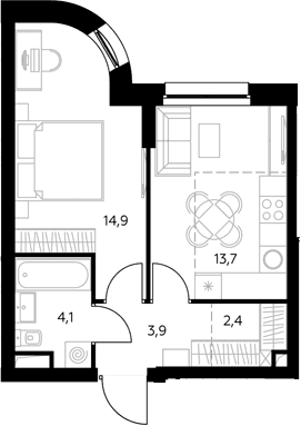Планировка: 1-комнатная квартира 39,4 м² в ЖК «Адмирал»