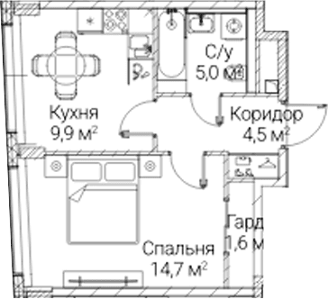Планировка: 1-комнатная квартира 35,7 м² в ЖК «СЕЗАР БУДУЩЕЕ»