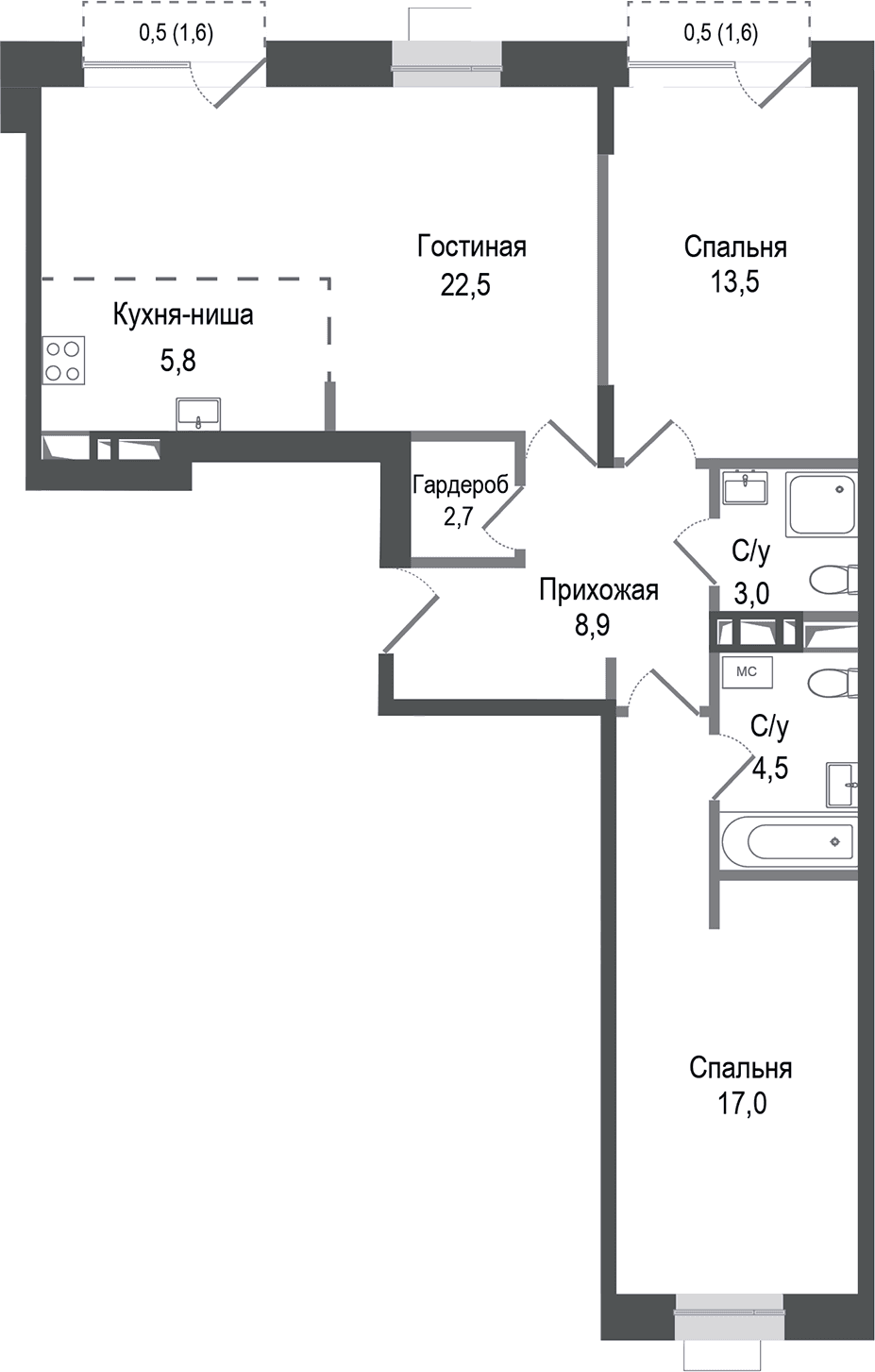 Планировка: Евротрёшка 77 м² в ЖК «Киноквартал»