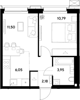 Планировка: Евродвушка 34,5 м² в ЖК «ЭВО»