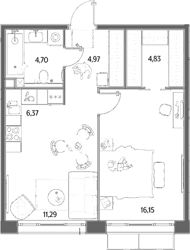 Планировка: Евродвушка 48,3 м² в ЖК «МЫС»