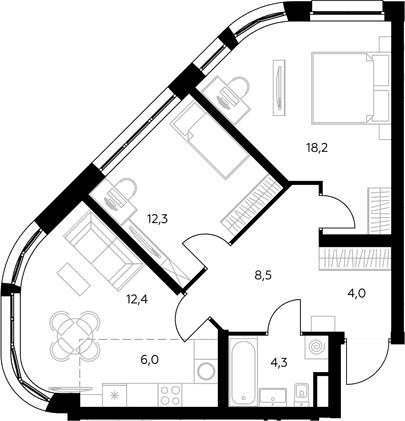 Планировка: Евротрёшка 73,3 м² в ЖК «Адмирал»
