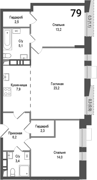 Планировка: Евротрёшка 77,8 м² в ЖК «Киноквартал»