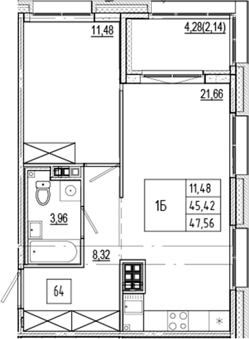 Планировка: Евродвушка 45,4 м² в ЖК «Ranta Residence»