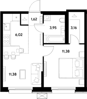 Планировка: Евродвушка 37,5 м² в ЖК «ЭВО»