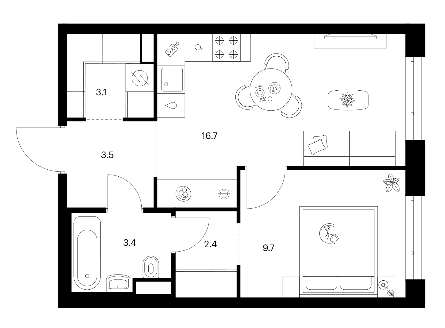 Планировка: 1-комнатная квартира 38,8 м² в ЖК «2-й Иртышский»