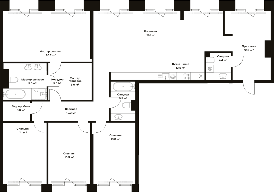 Планировка: Квартира евро-5 196,6 м² в ЖК «Опус»