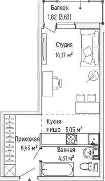 Планировка: Студия 30 м² в ЖК «Рига Хиллс»