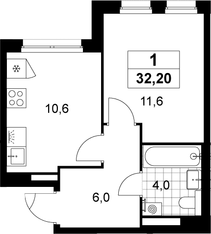 Планировка: 1-комнатная квартира 32,2 м² в ЖК «Деснаречье»