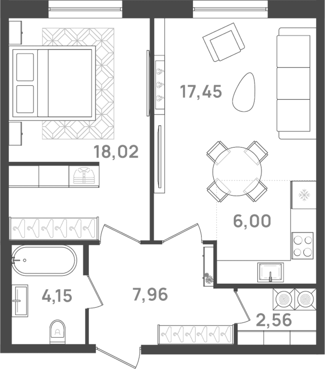 Планировка: Евродвушка 56,1 м² в ЖК «6 Квартал»
