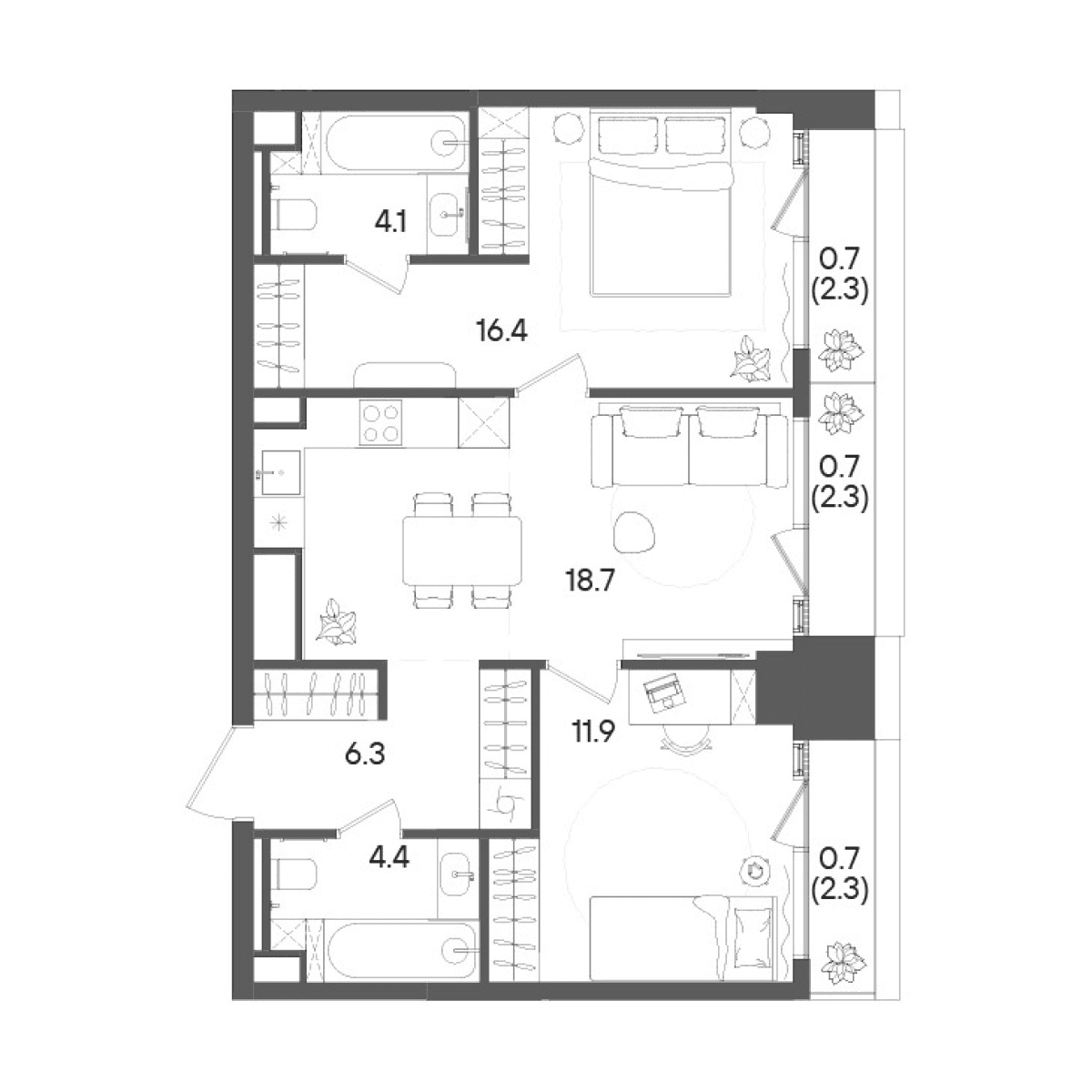 Планировка: Евротрёшка 61,8 м² в ЖК «СТОУН Грэйн»