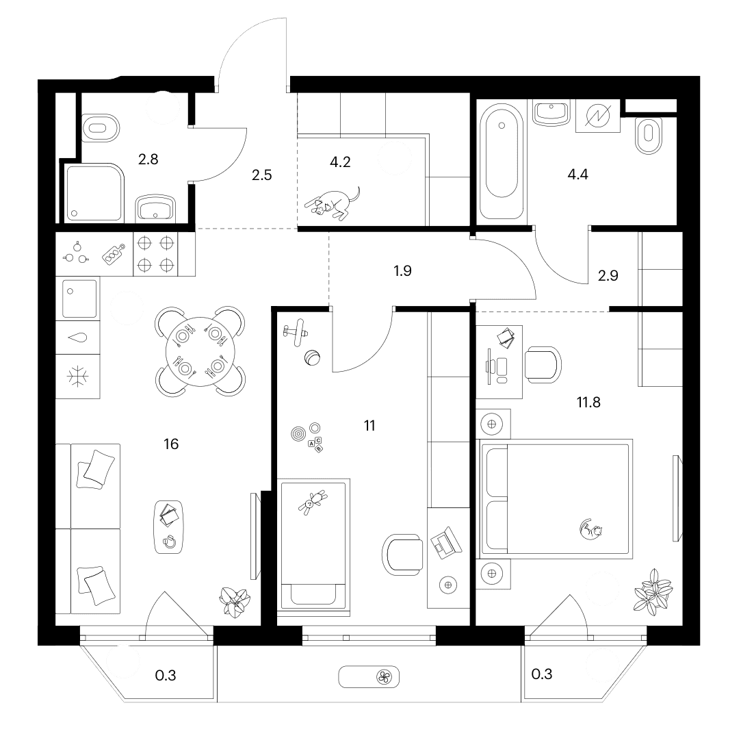 Планировка: 2-комнатная квартира 57,5 м² в ЖК «Зеленый парк»