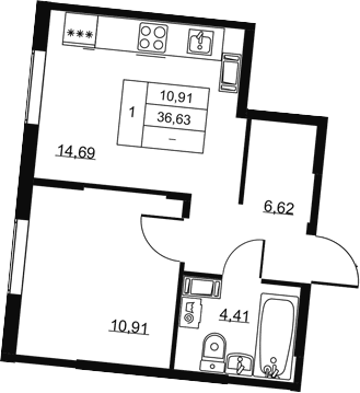 Планировка: 1-комнатная квартира 36,6 м² в ЖК «Высота. Всеволожск»
