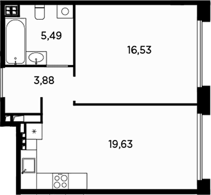 Планировка: Евродвушка 45,5 м² в ЖК «Акватория»