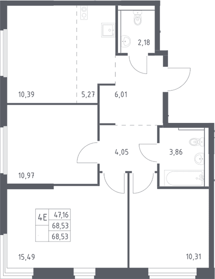 Планировка: Квартира евро-4 68,5 м² в ЖК «Пригород Лесное»