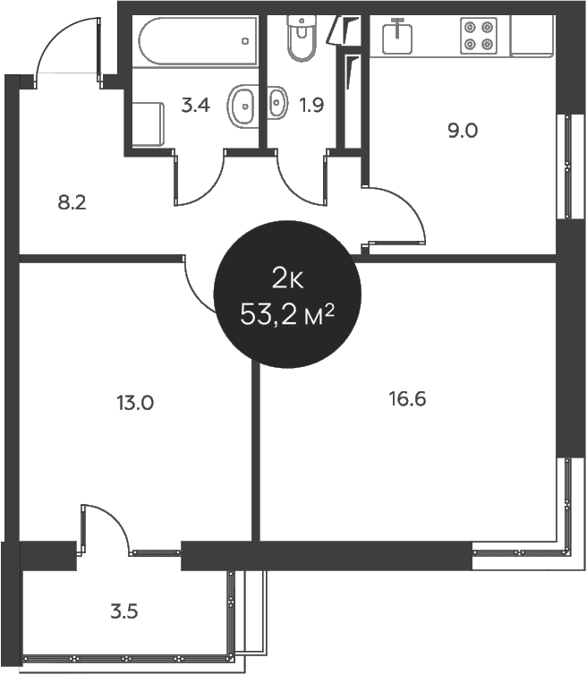 Планировка: 2-комнатная квартира 52,1 м² в ЖК «Павлово 3»