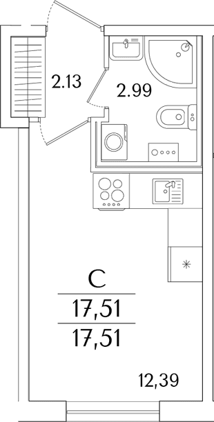 Планировка: Студия 17,5 м² в ЖК «Кинопарк»