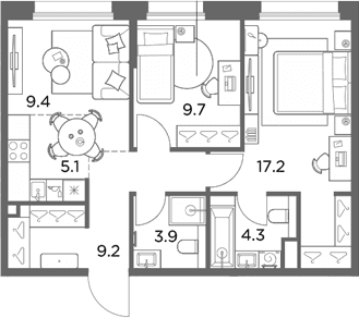 Планировка: Евротрёшка 58,8 м² в ЖК «Станиславский»