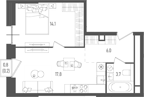 Планировка: Евродвушка 41,6 м² в ЖК «Пейв»