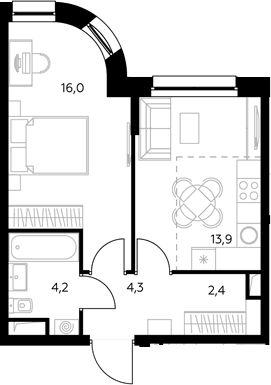 Планировка: 1-комнатная квартира 40,2 м² в ЖК «Адмирал»