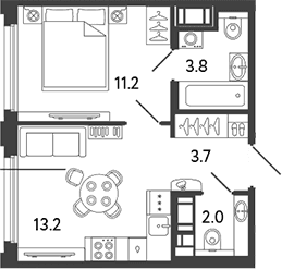 Планировка: 1-комнатная квартира 33,9 м² в ЖК «Гений»