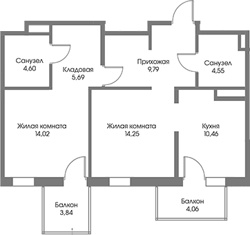 Планировка: 2-комнатная квартира 63,4 м² в ЖК «Рощино Резиденс»