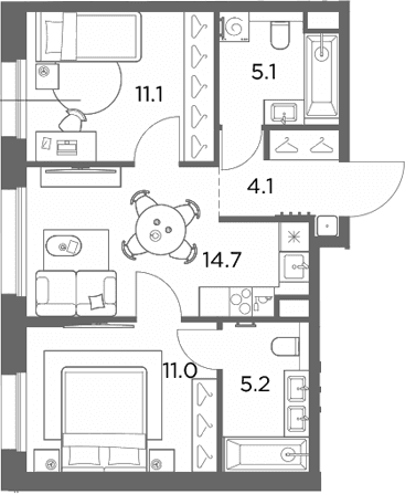 Планировка: 2-комнатная квартира 51,2 м² в ЖК «Станиславский»