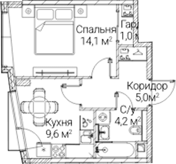 Планировка: 1-комнатная квартира 33,9 м² в ЖК «СЕЗАР БУДУЩЕЕ»