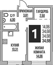 Планировка: 1-комнатная квартира 34,7 м² в ЖК «Гранель Живописный»