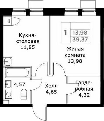 Планировка: 1-комнатная квартира 39,4 м² в ЖК «КИТ»