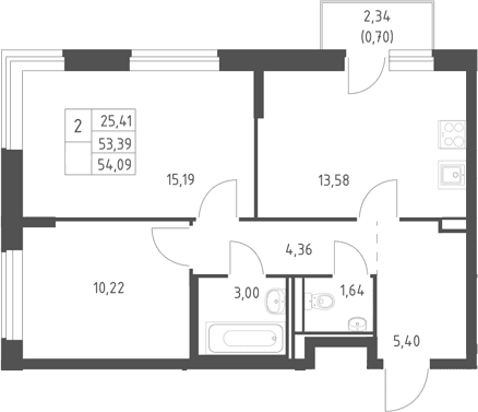 Планировка: 2-комнатная квартира 53,4 м² в ЖК «Горки Парк»