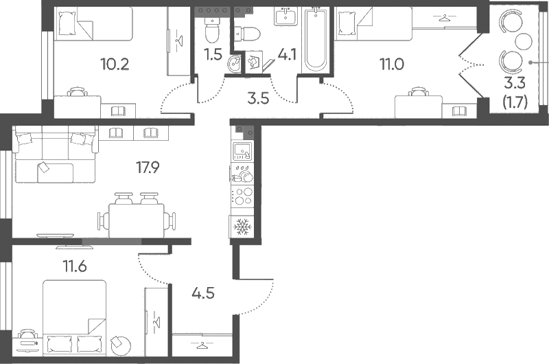 Планировка: Квартира евро-4 64,3 м² в ЖК «Пулково Лейк»