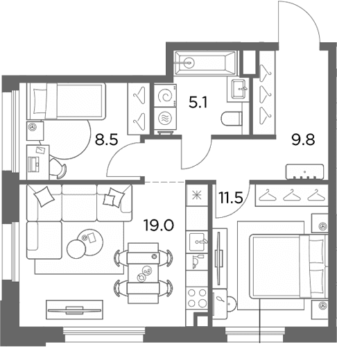 Планировка: 2-комнатная квартира 53,9 м² в ЖК «Станиславский»