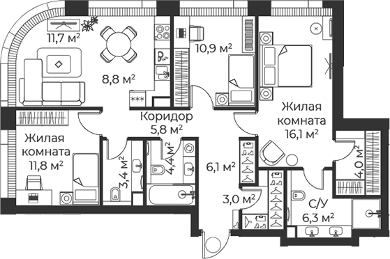 Планировка: Квартира евро-4 92,3 м² в ЖК «Веер»