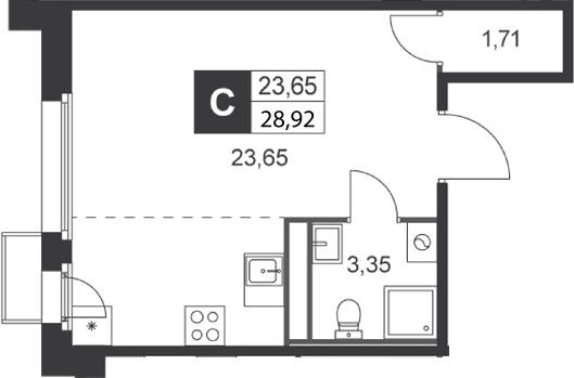 Планировка: Студия 28,9 м² в ЖК «Слобода»