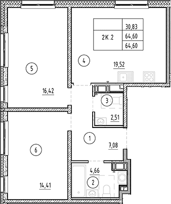 Планировка: 2-комнатная квартира 64,6 м² в ЖК «Плюс Пулковский»