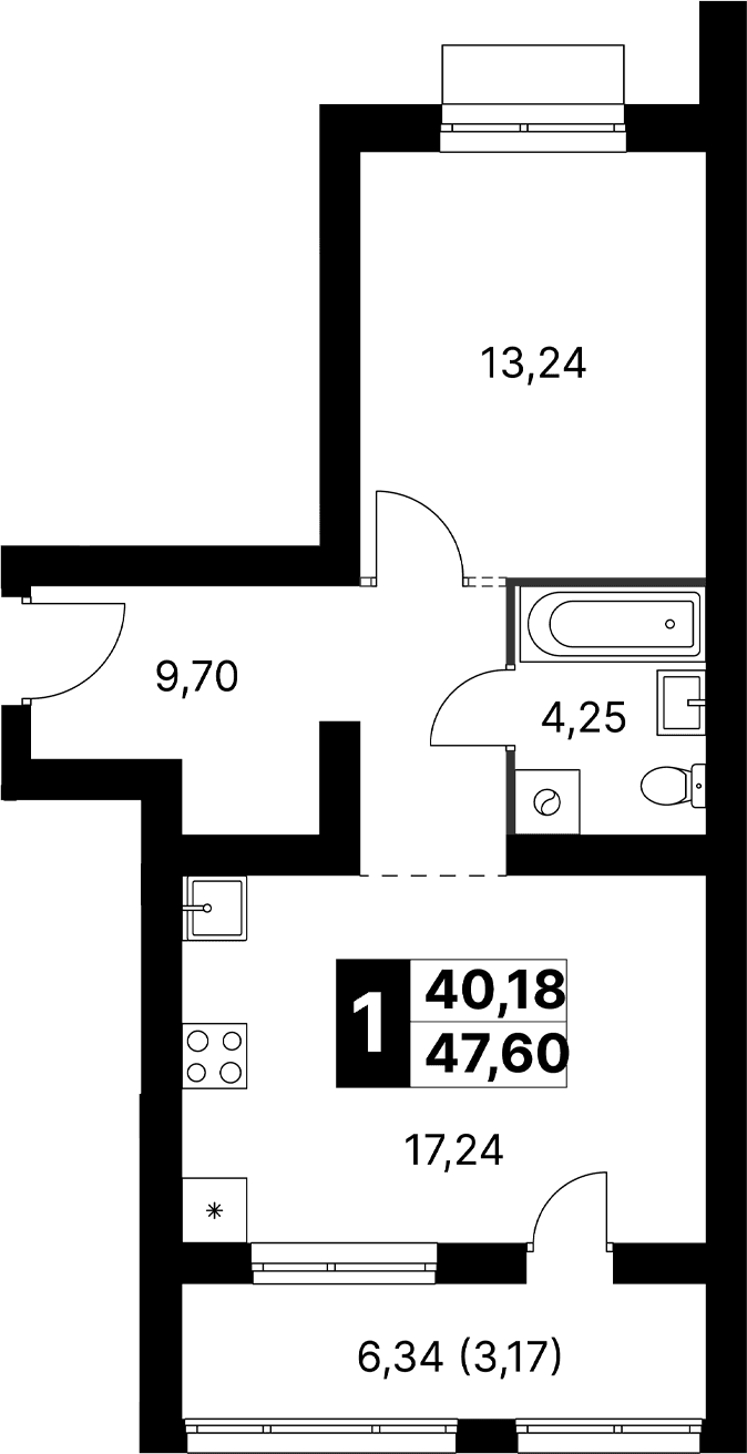 Планировка: Евродвушка 44,4 м² в ЖК «Апрелевка Клаб»
