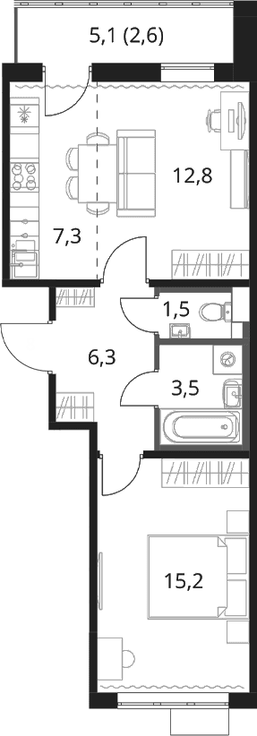 Планировка: Евродвушка 46,6 м² в ЖК «1-й Шереметьевский»