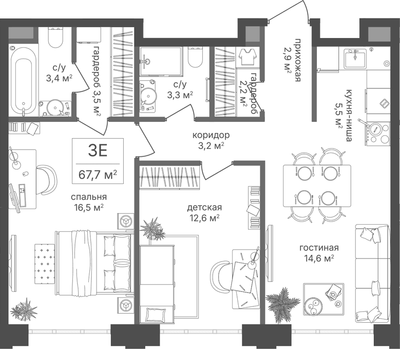 Планировка: Евротрёшка 67,7 м² в ЖК «Михалковский»