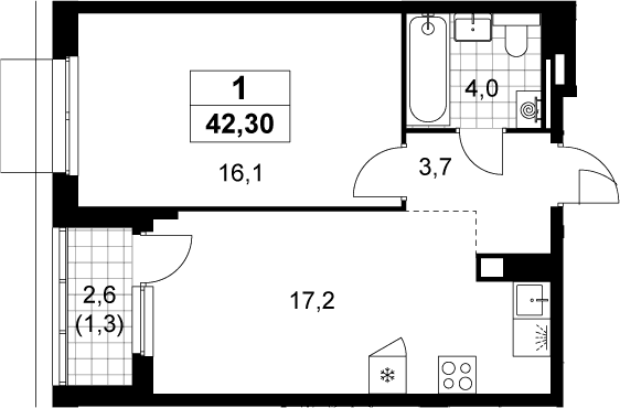 Планировка: Евродвушка 41 м² в ЖК «Деснаречье»