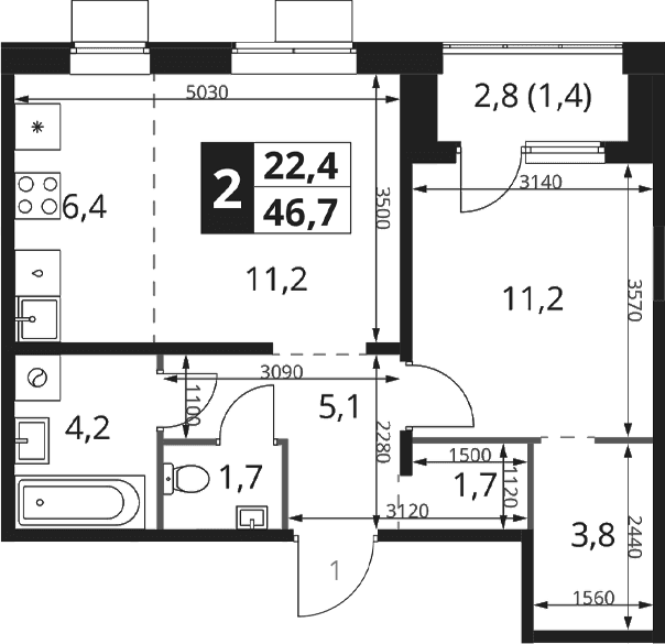 Планировка: Евродвушка 45,3 м² в ЖК «1-й Ясеневский»
