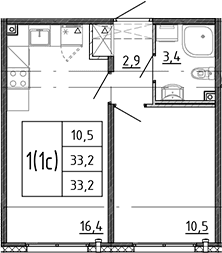 Планировка: Евродвушка 33,2 м² в ЖК «Ручьи 2»