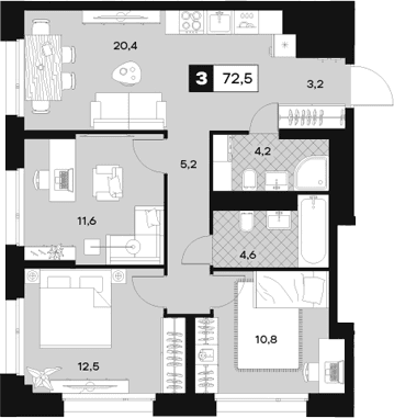 3-комнатная квартира