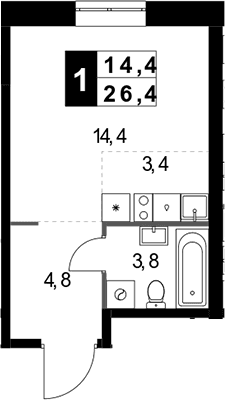 Планировка: Студия 26,4 м² в ЖК «1-й Измайловский»