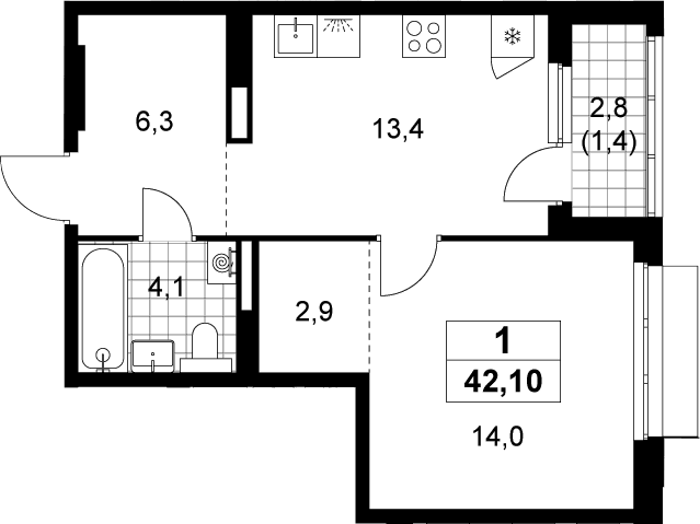 Планировка: 1-комнатная квартира 40,7 м² в ЖК «Деснаречье»