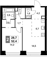 Планировка: Евродвушка 52,4 м² в ЖК «Амбер Сити»