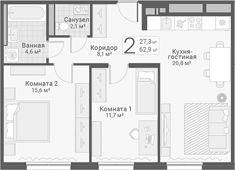 Планировка: 2-комнатная квартира 62,9 м² в ЖК «Руднева, 15»