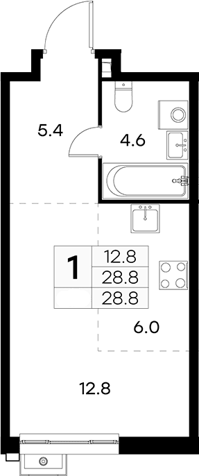Планировка: Студия 28,8 м² в ЖК «Куркино 15»